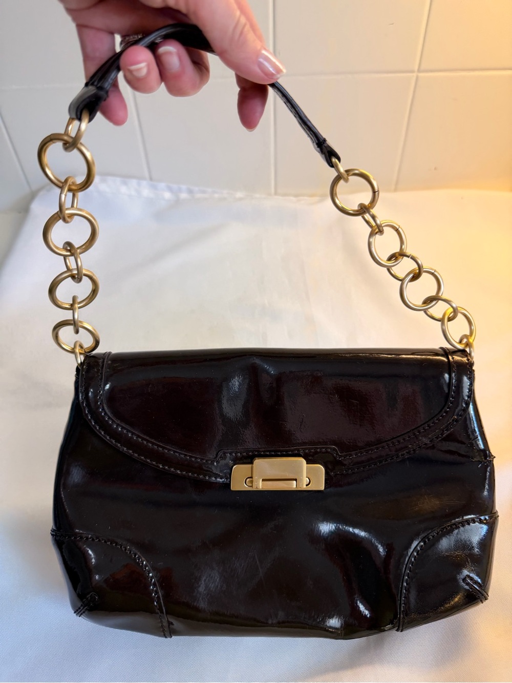 NWT Ann Taylor Very Dark Brown Espresso Patent Leather Gold Chain Link Purse